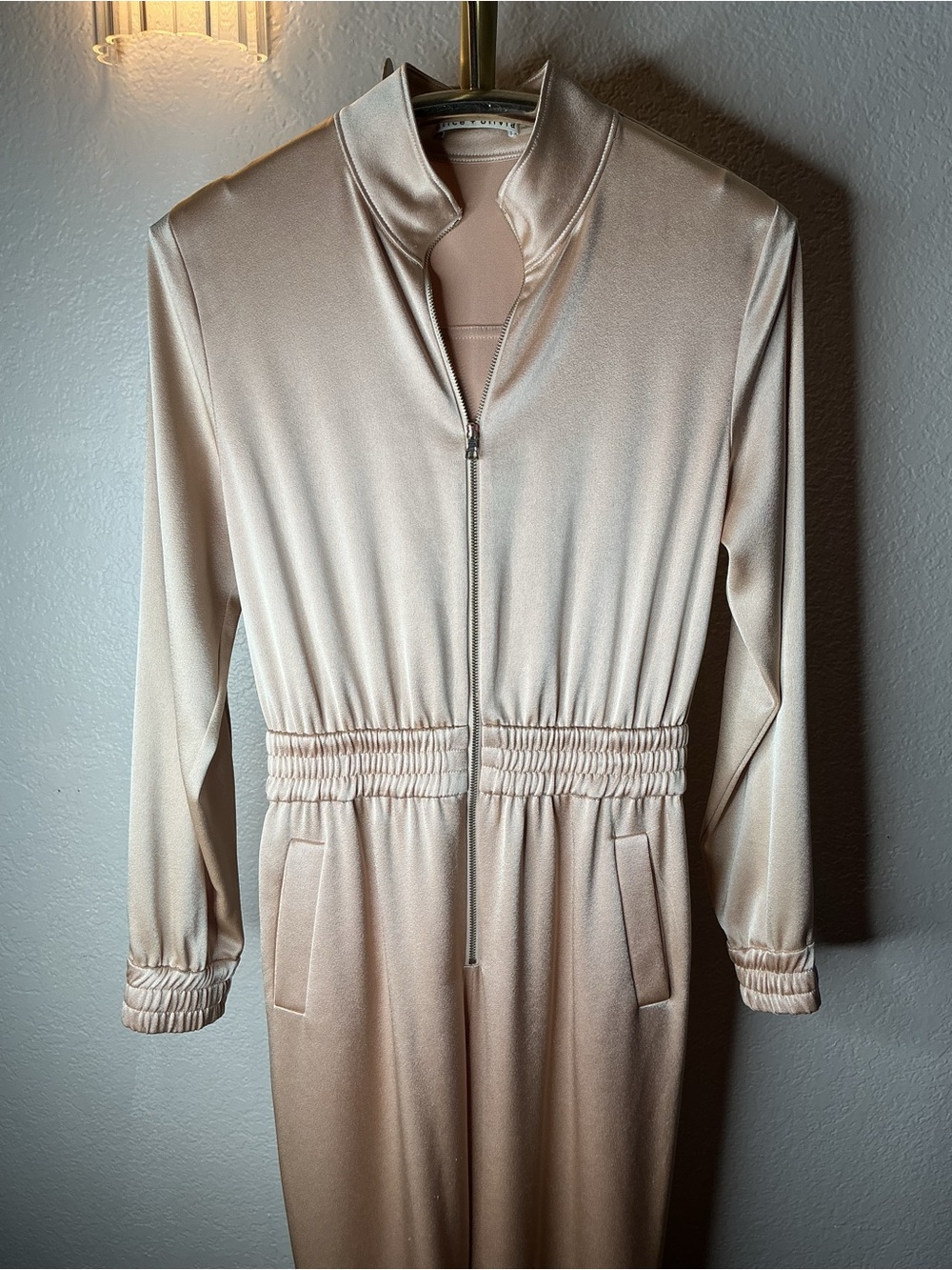 Alice + Olivia Champagne Satin Zip Jumpsuit